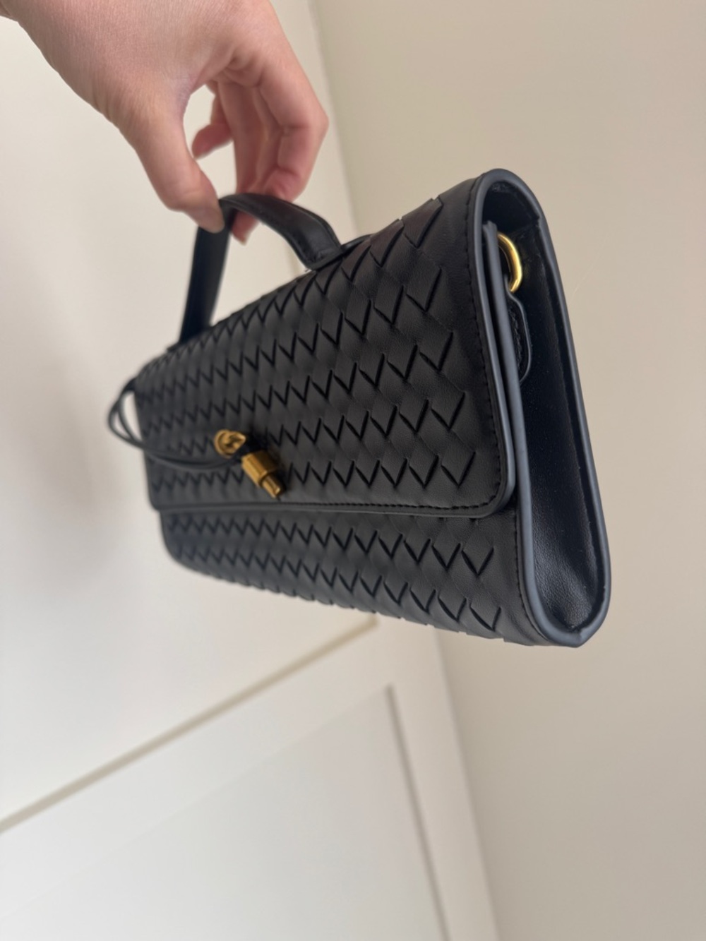 Woven Black Leather Top-Handle Clutch - Picture 3 of 7